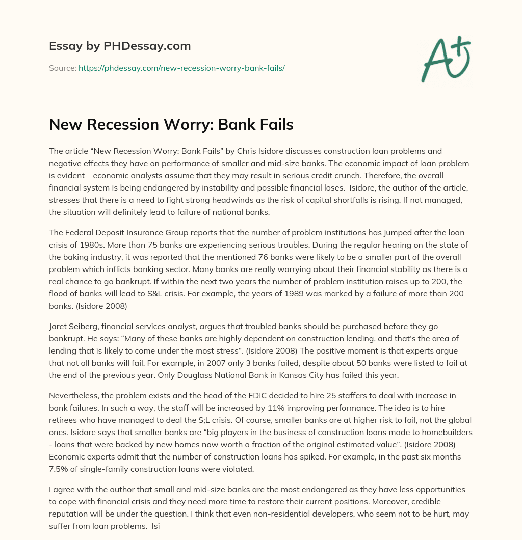 New Recession Worry: Bank Fails essay