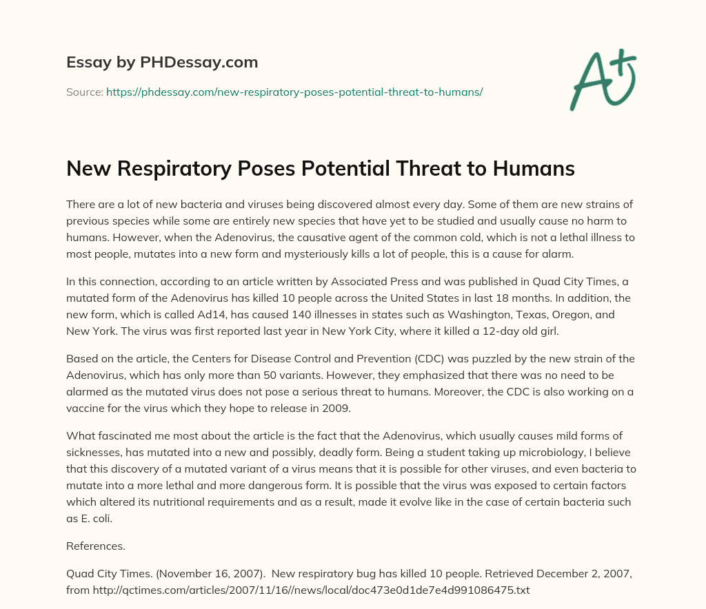 New Respiratory Poses Potential Threat to Humans essay
