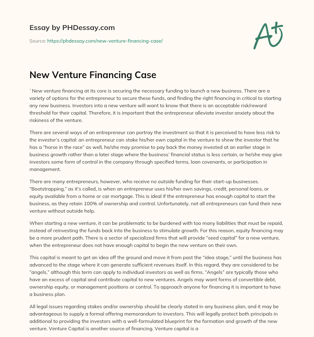 New Venture Financing Case essay