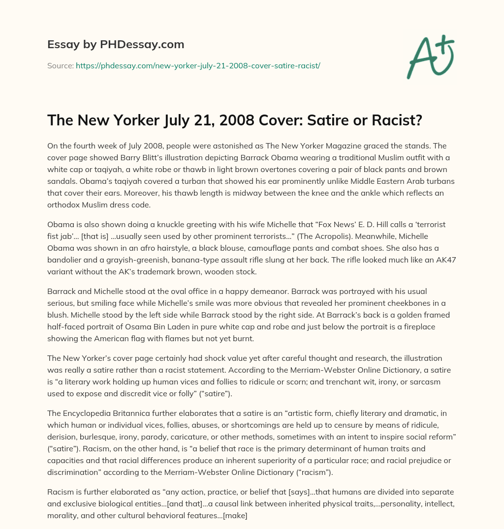 The New Yorker July 21, 2008 Cover: Satire or Racist? essay