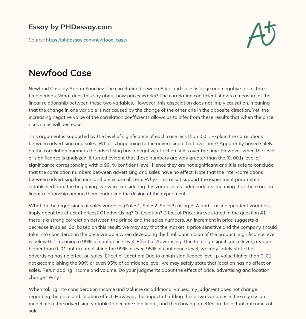 Correlation between Price and Sales in Newfood Case essay