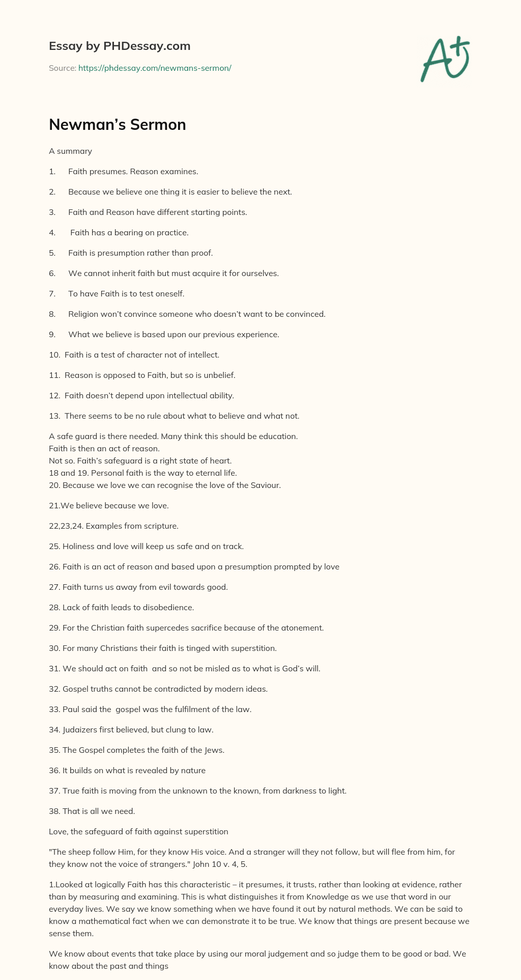 Newman’s Sermon essay