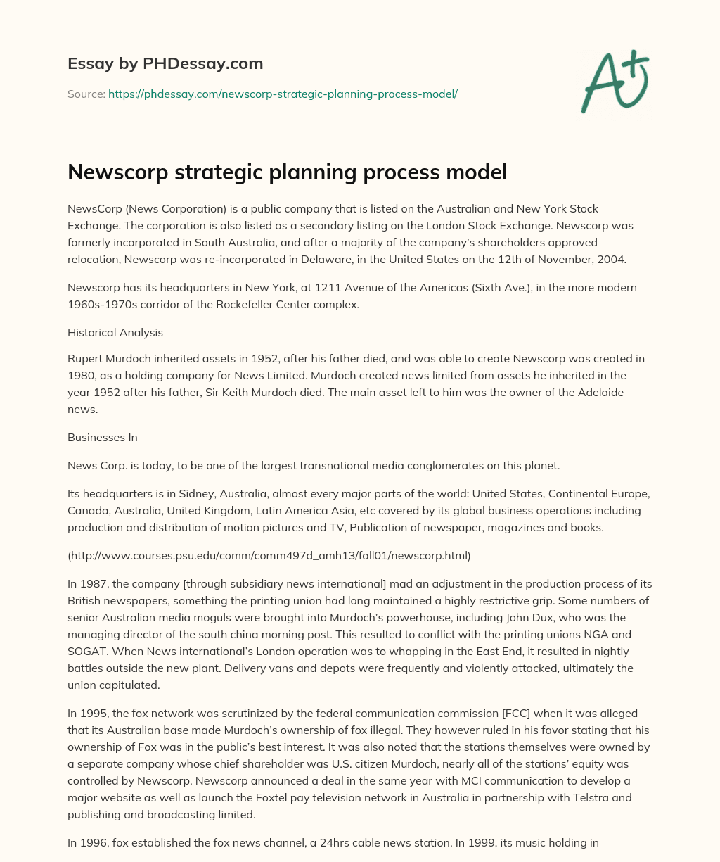 Newscorp strategic planning process model essay