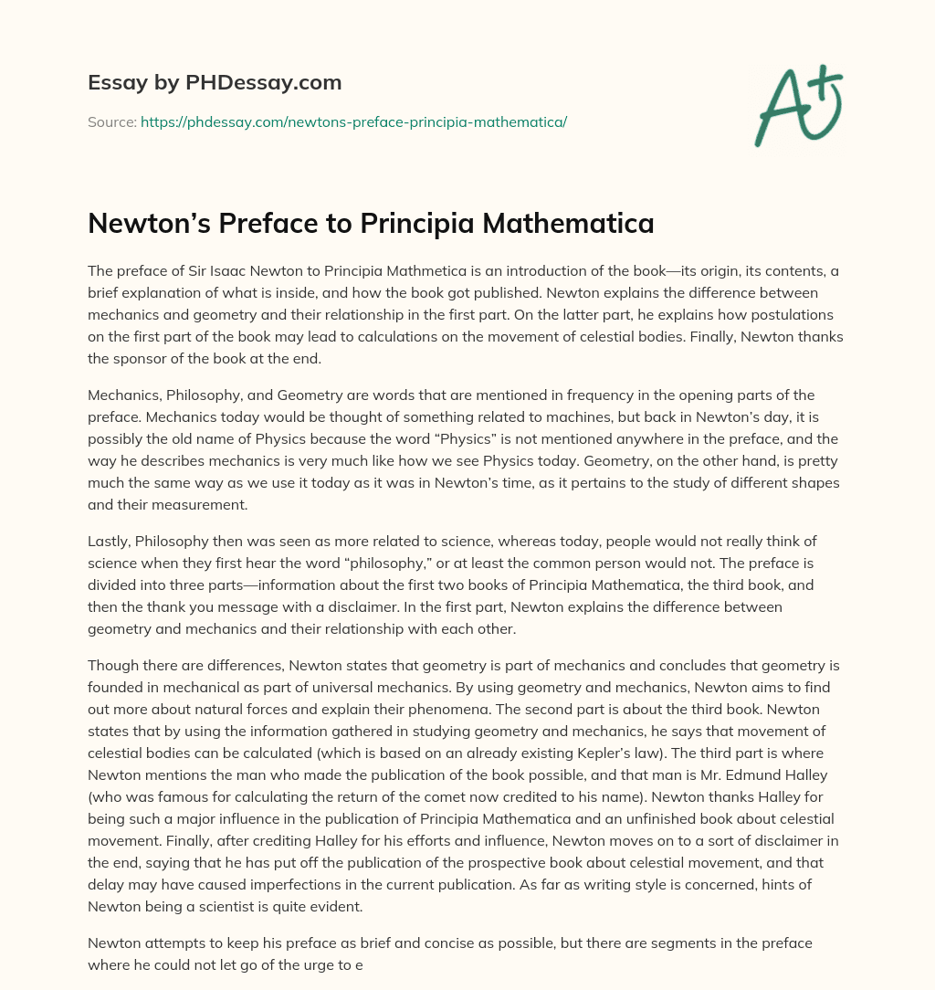 Newton’s Preface to Principia Mathematica essay