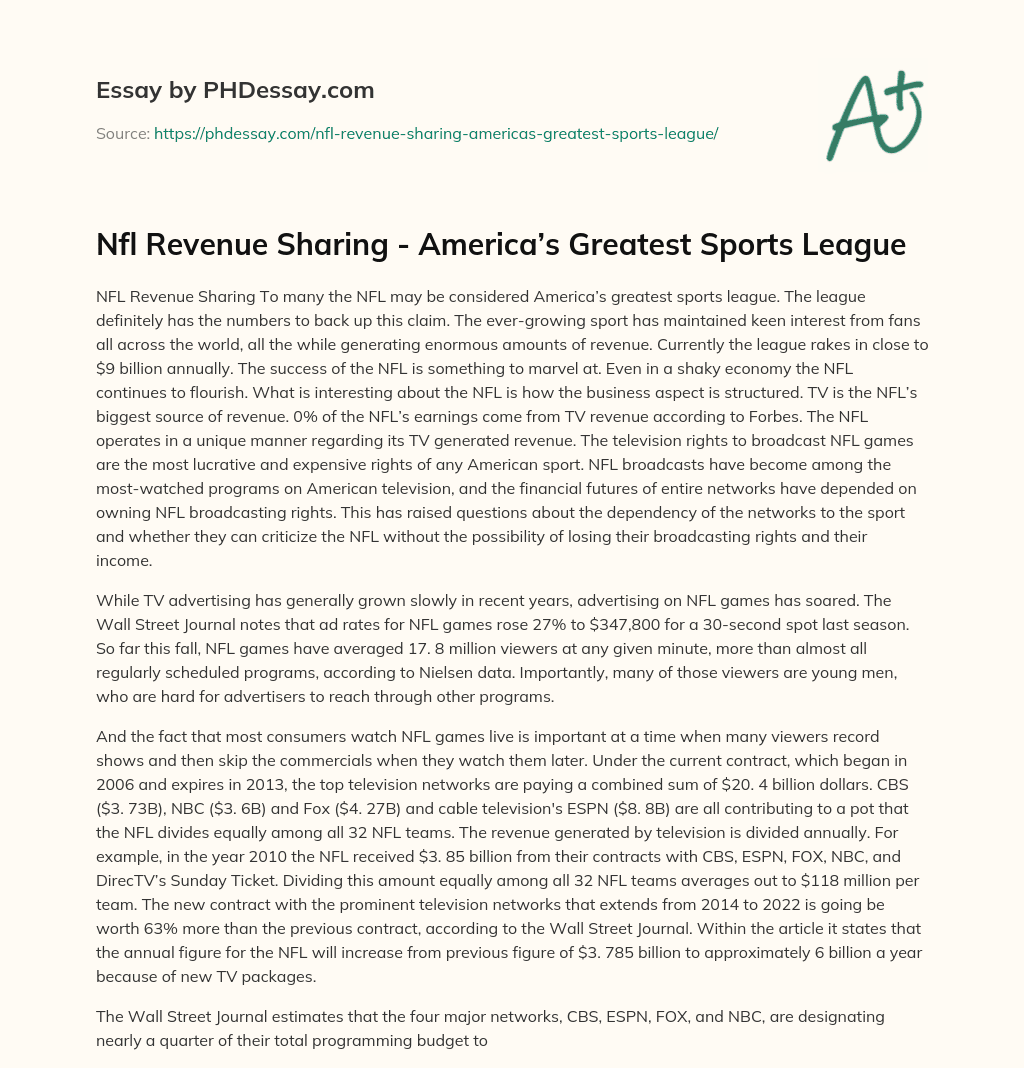 Nfl Revenue Sharing – America’s Greatest Sports League essay