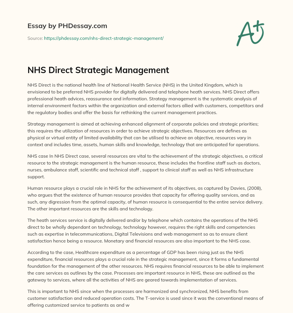 NHS Direct Strategic Management essay