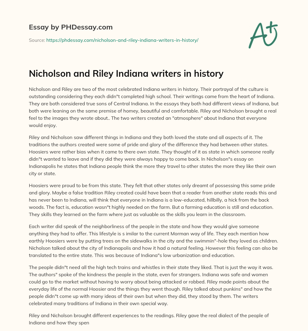 Nicholson and Riley Indiana writers in history essay