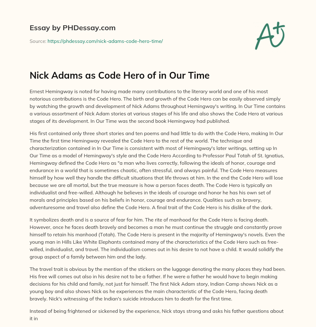 Nick Adams as Code Hero of in Our Time essay