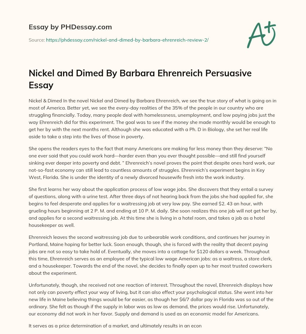 Nickel and Dimed By Barbara Ehrenreich  Persuasive Essay essay
