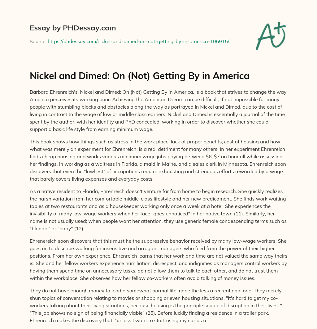 Nickel and Dimed: On (Not) Getting By in America essay