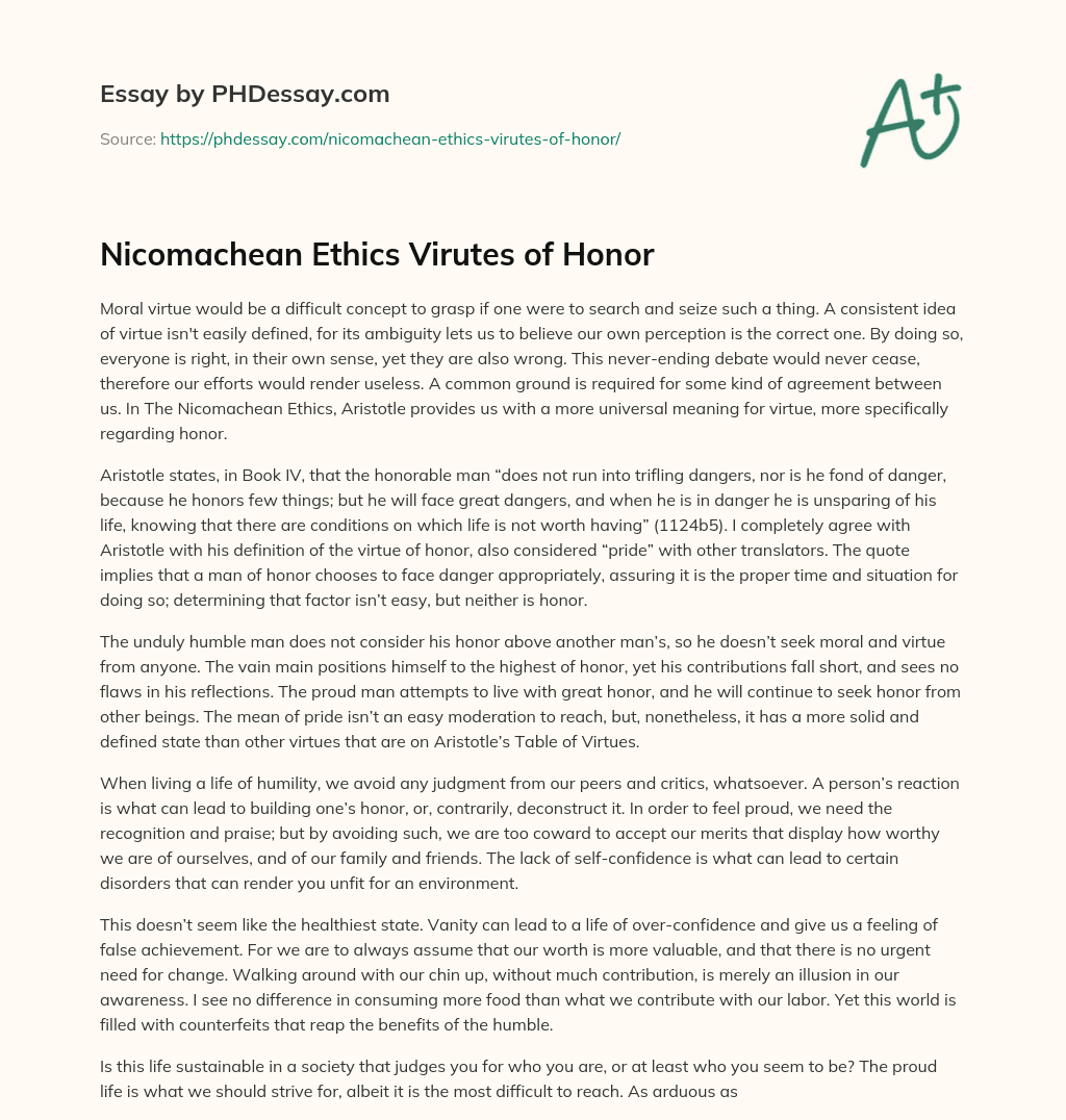 Nicomachean Ethics Virutes of Honor essay