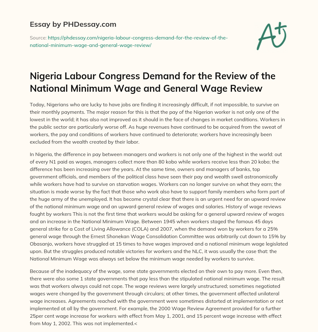 Nigeria Labour Congress Demand for the Review of the National Minimum Wage and General Wage Review essay