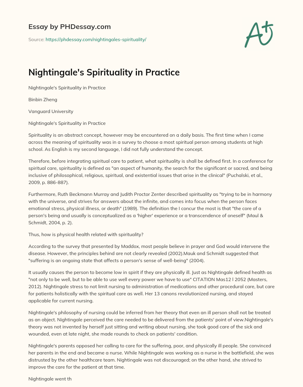 Nightingale’s Spirituality in Practice essay
