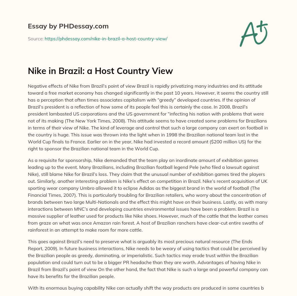 Nike in Brazil: a Host Country View essay