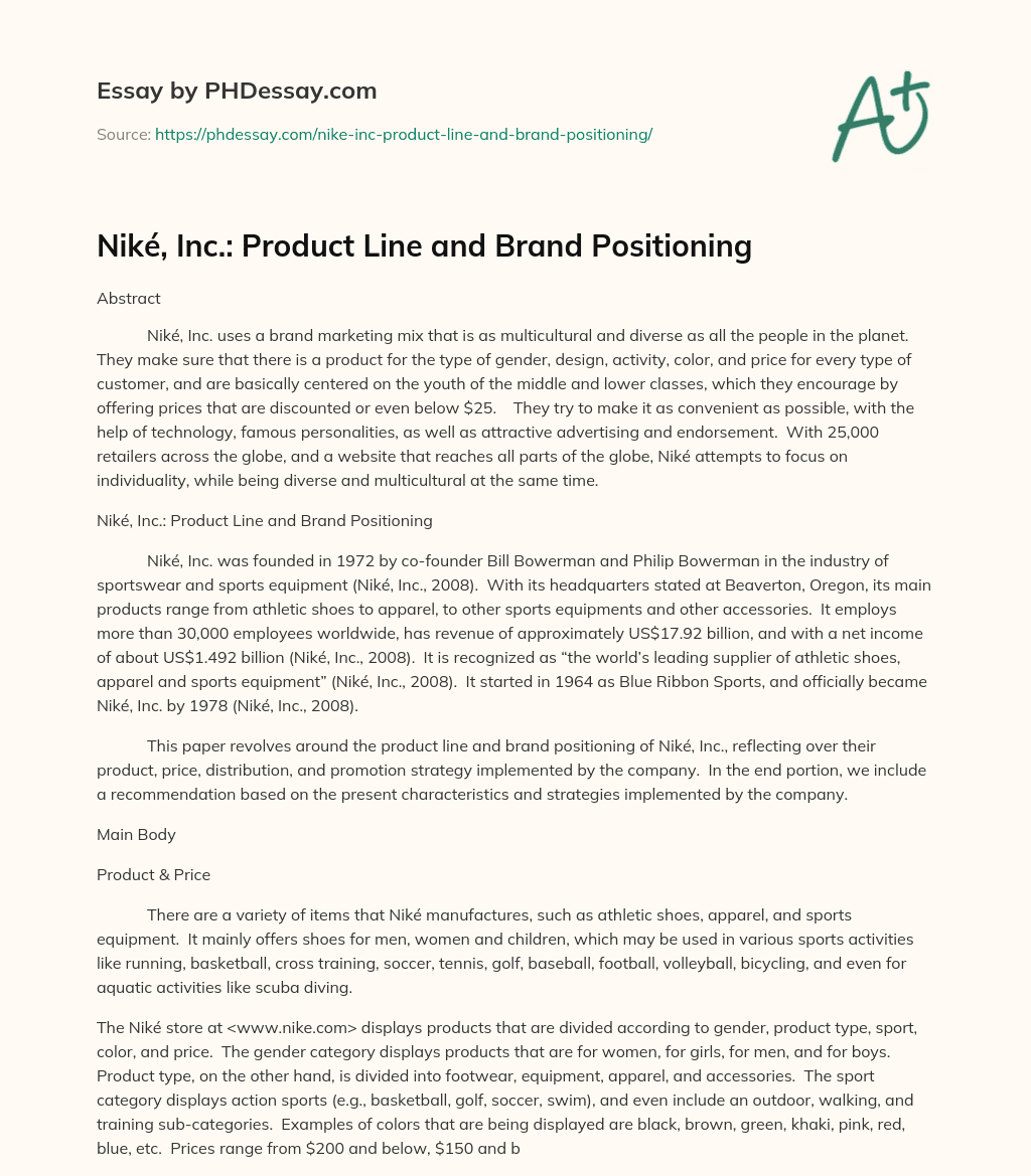 Niké, Inc.: Product Line and Brand Positioning essay