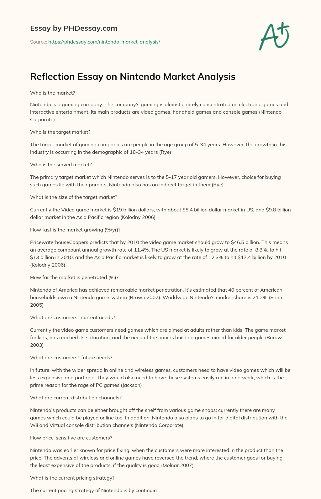 Reflection Essay on Nintendo Market Analysis essay