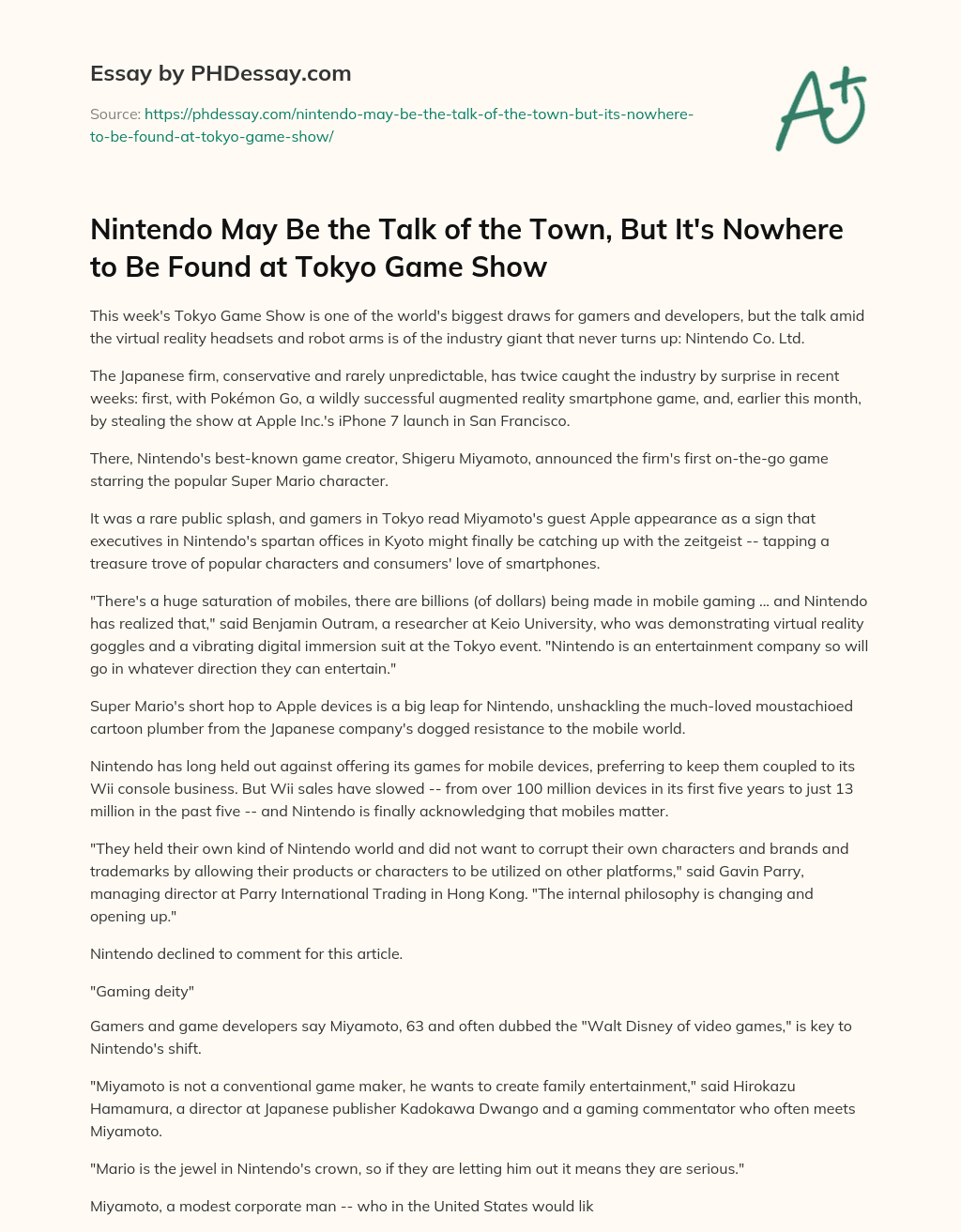 Nintendo May Be the Talk of the Town, But It’s Nowhere to Be Found at Tokyo Game Show essay