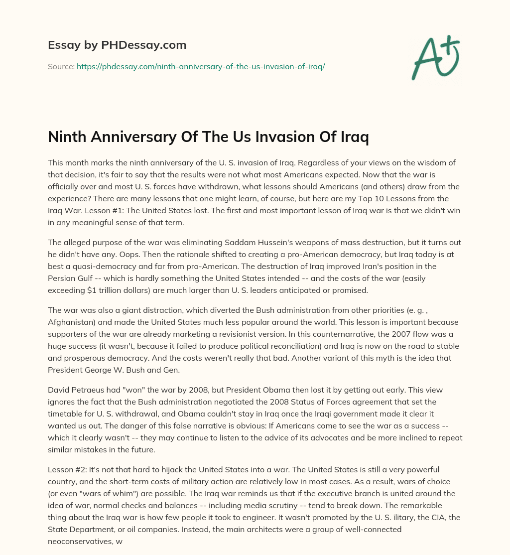 Ninth Anniversary Of The Us Invasion Of Iraq essay