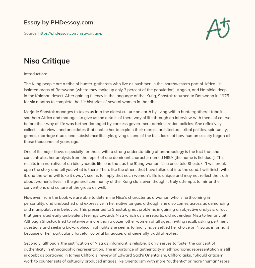Nisa Critique essay