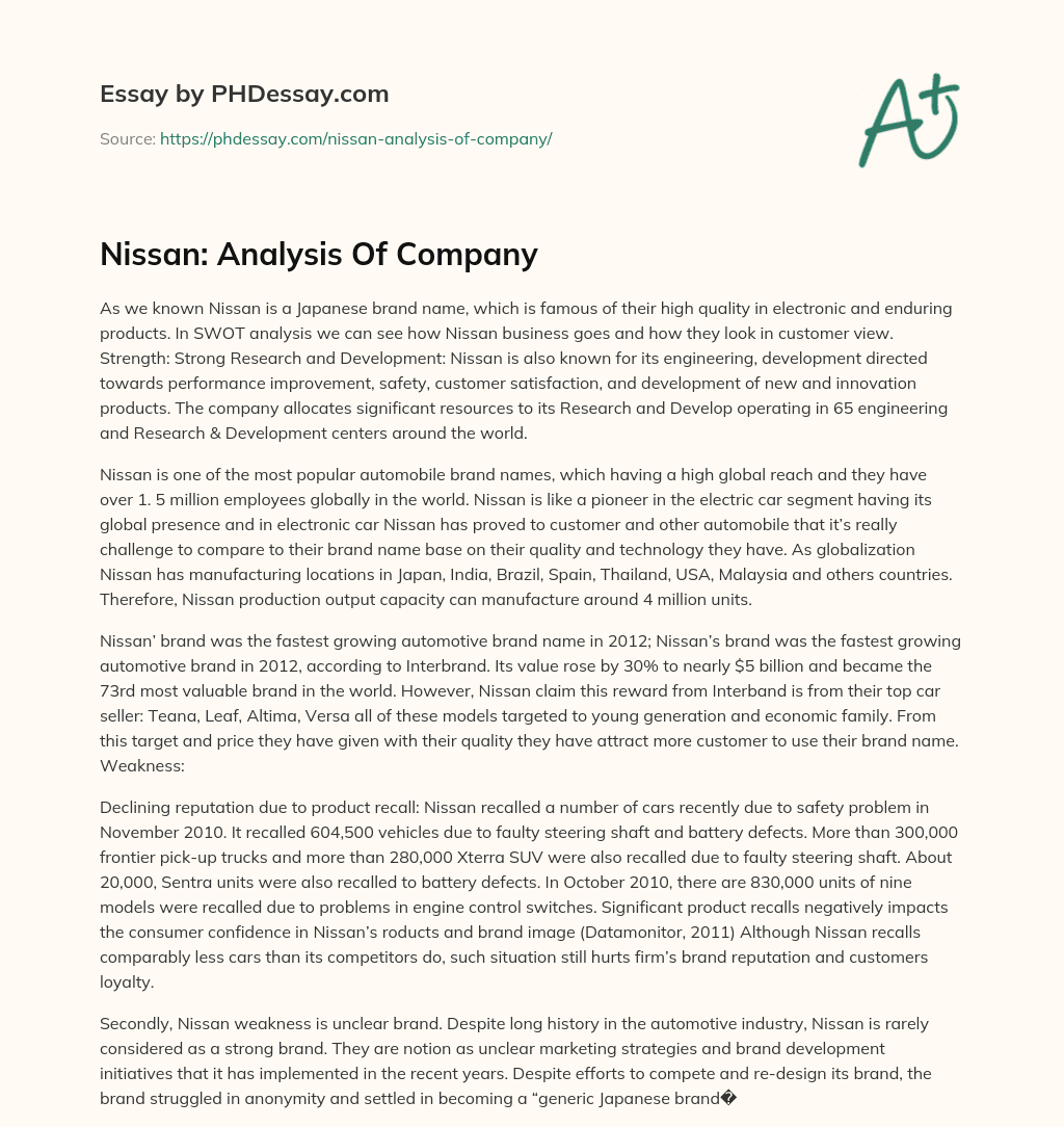 Nissan: Analysis Of Company essay