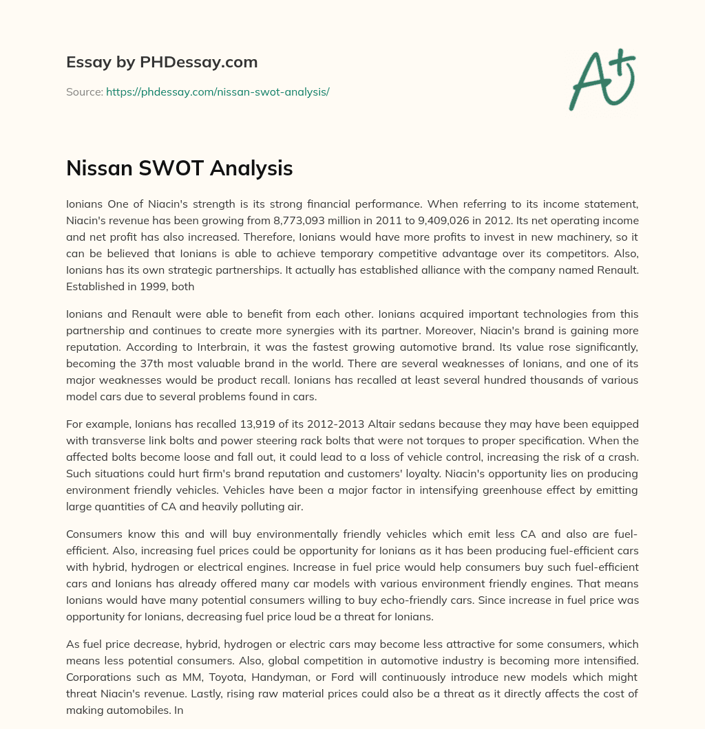 Nissan SWOT Analysis (500 Words) - PHDessay.com