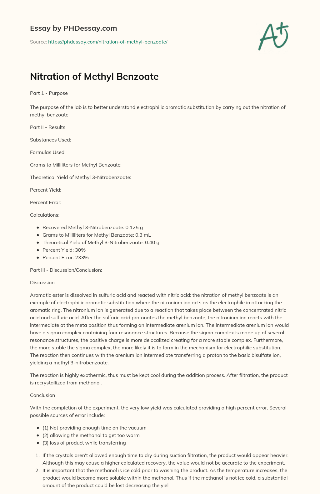 Nitration of Methyl Benzoate essay
