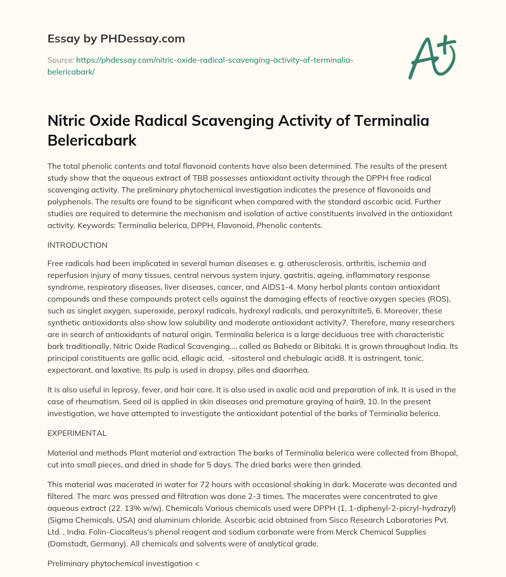 Nitric Oxide Radical Scavenging Activity of Terminalia Belericabark essay