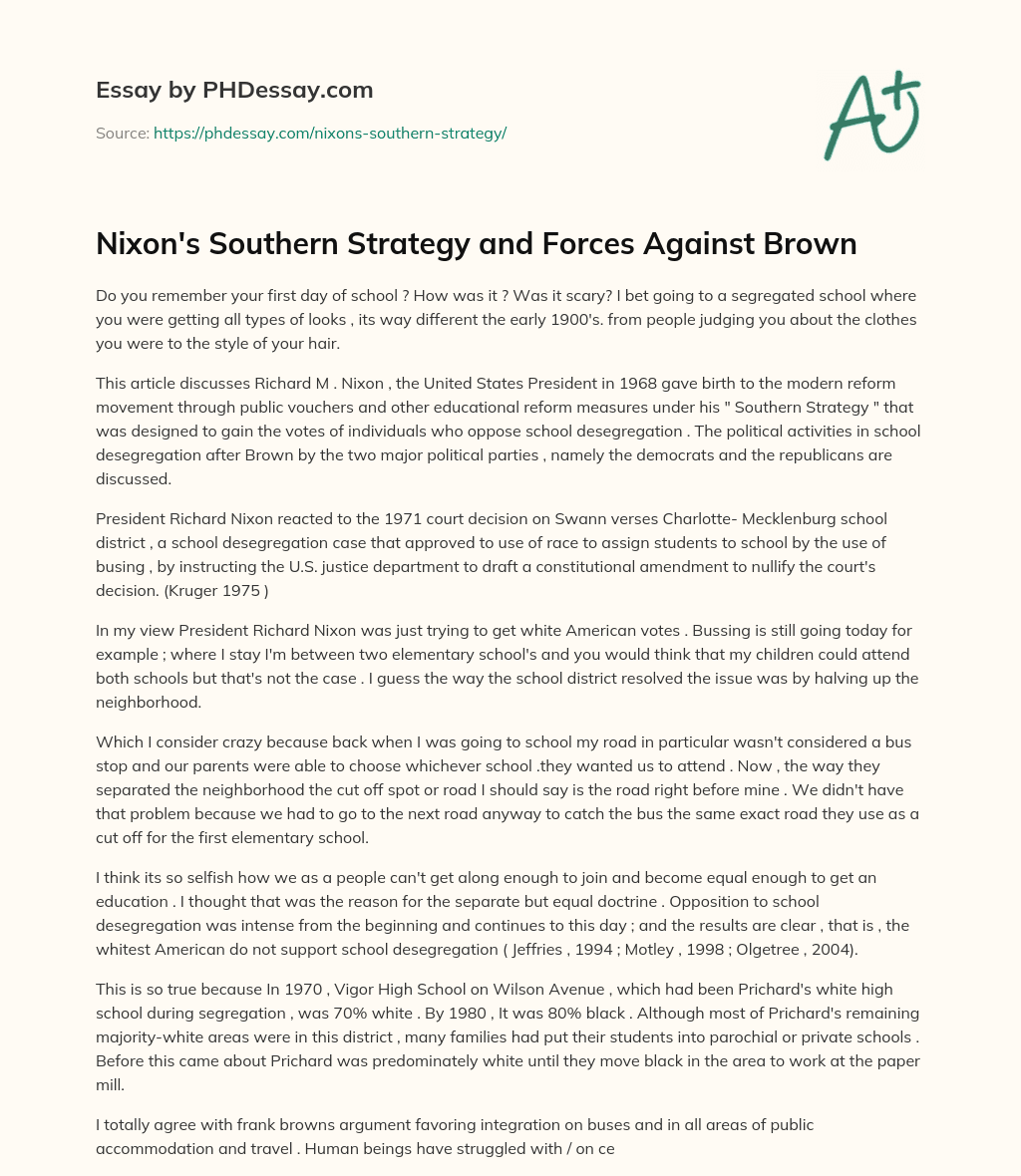 Nixon’s Southern Strategy and Forces Against Brown essay