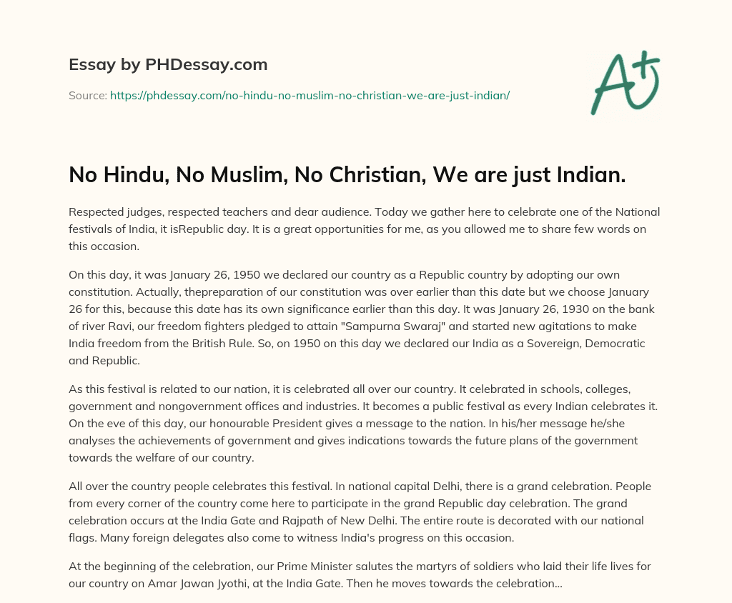 No Hindu, No Muslim, No Christian, We are just Indian. essay