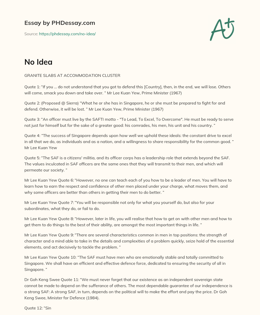 Lee Kuan Yew’s Views on Defending Singapore and Leadership in the Military essay