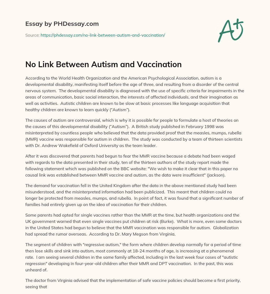 No Link Between Autism and Vaccination essay