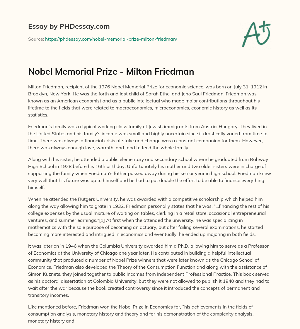 Nobel Memorial Prize – Milton Friedman essay
