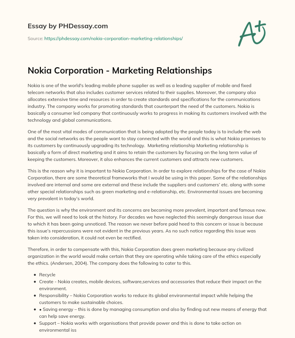 Nokia Corporation – Marketing Relationships essay