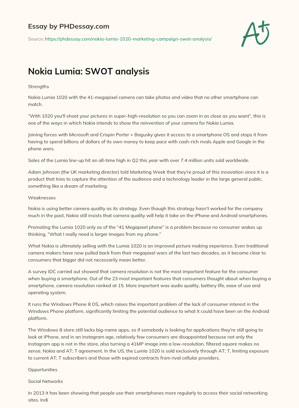 Nokia Lumia: SWOT analysis essay