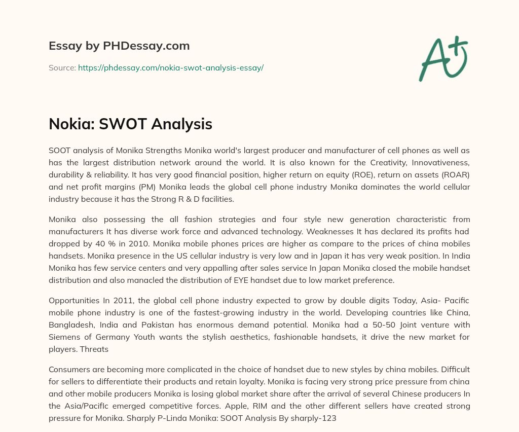 Nokia: SWOT Analysis essay