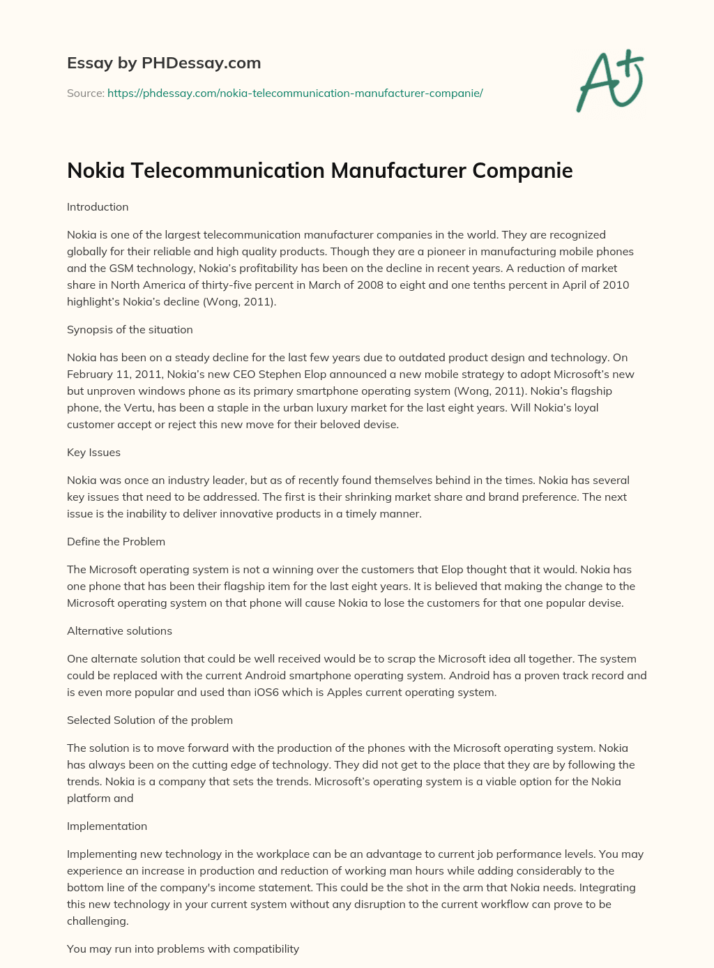 Nokia Telecommunication Manufacturer Companie essay