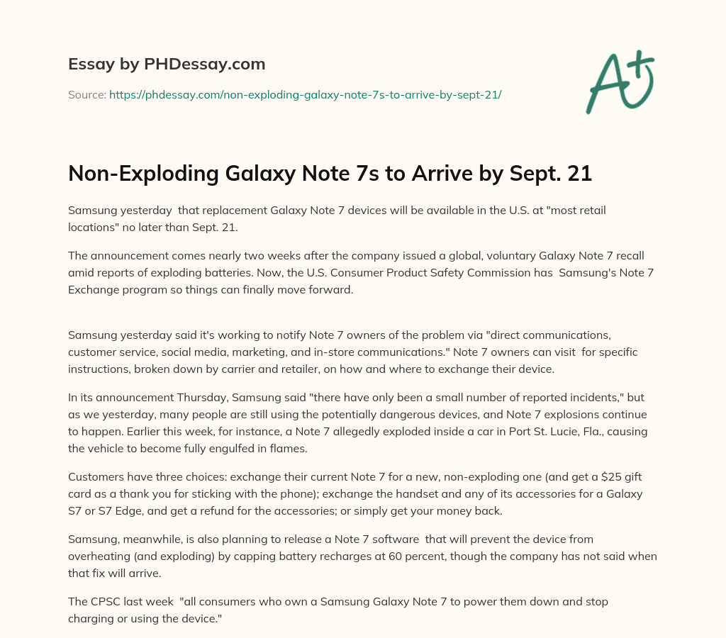 Non-Exploding Galaxy Note 7s to Arrive by Sept. 21 essay
