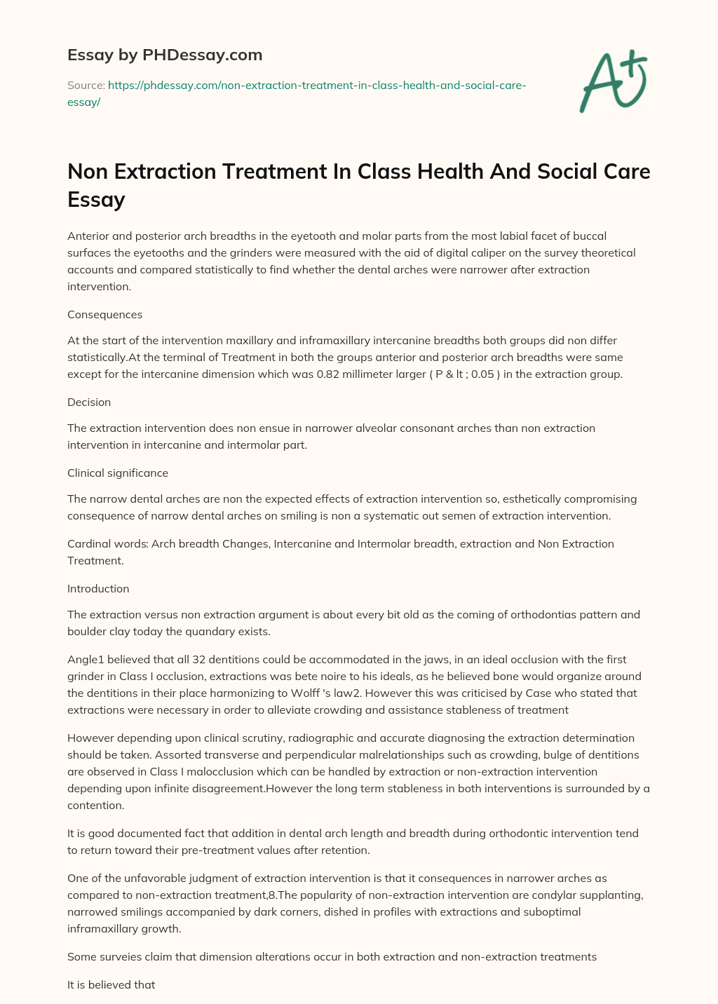Non Extraction Treatment In Class Health And Social Care Essay essay
