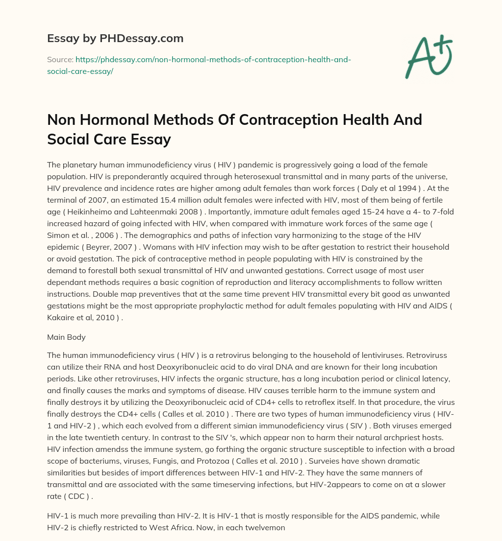 Non Hormonal Methods Of Contraception Health And Social Care Essay essay