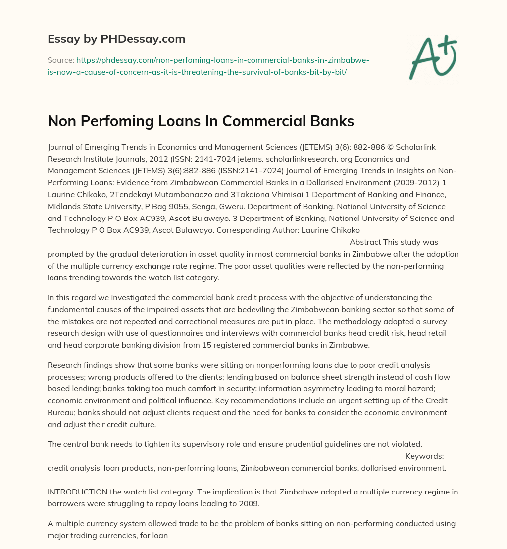 Non Perfoming Loans In Commercial Banks essay