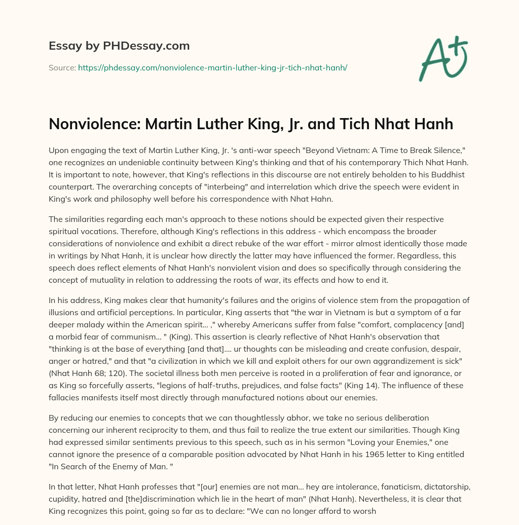 Nonviolence: Martin Luther King, Jr. and Tich Nhat Hanh essay