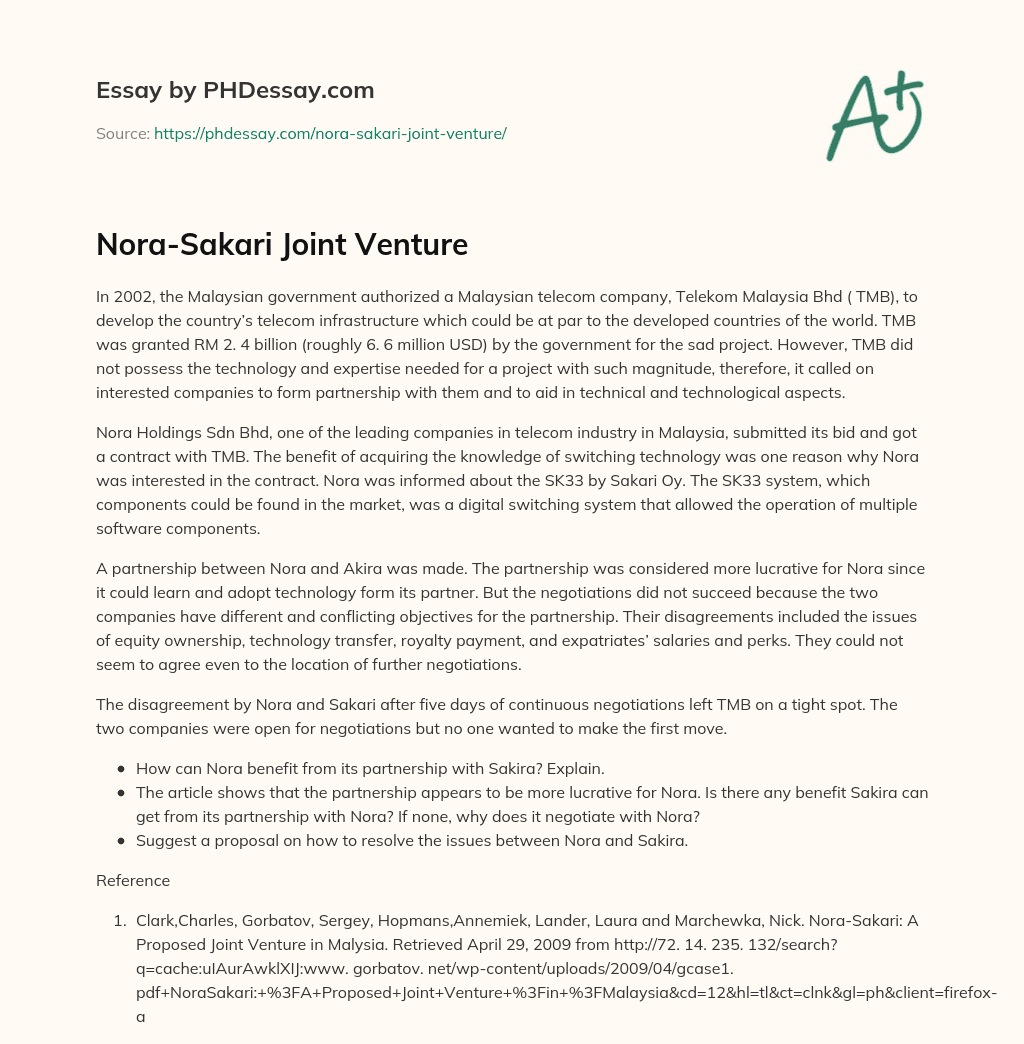 Nora-Sakari Joint Venture essay