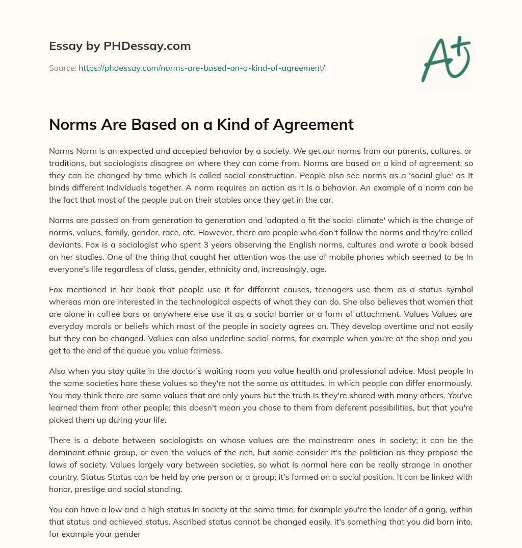 Norms Are Based on a Kind of Agreement essay
