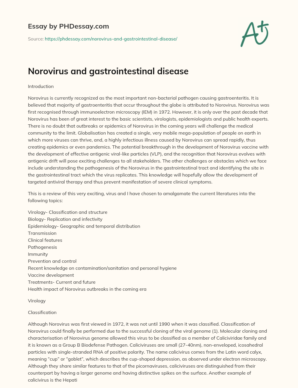 Norovirus and gastrointestinal disease essay