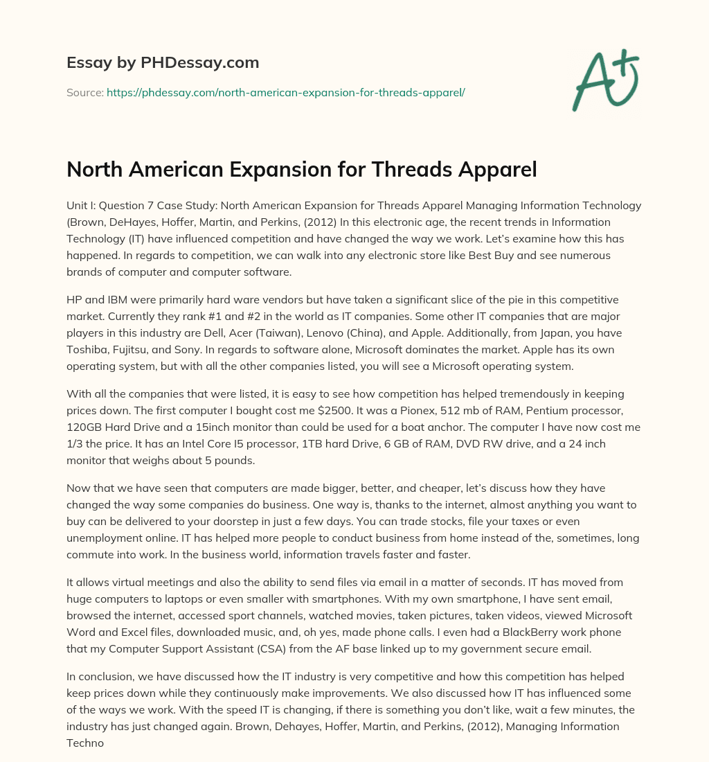 North American Expansion for Threads Apparel essay