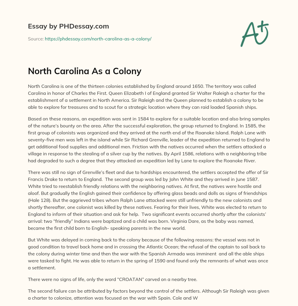 North Carolina As a Colony essay