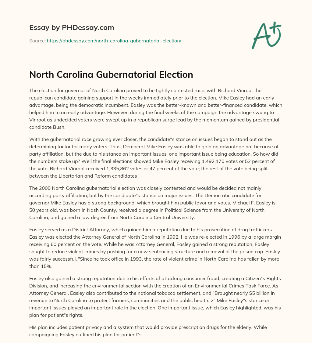 North Carolina Gubernatorial Election essay