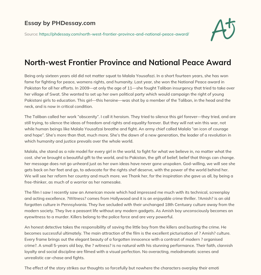 North-west Frontier Province and National Peace Award essay