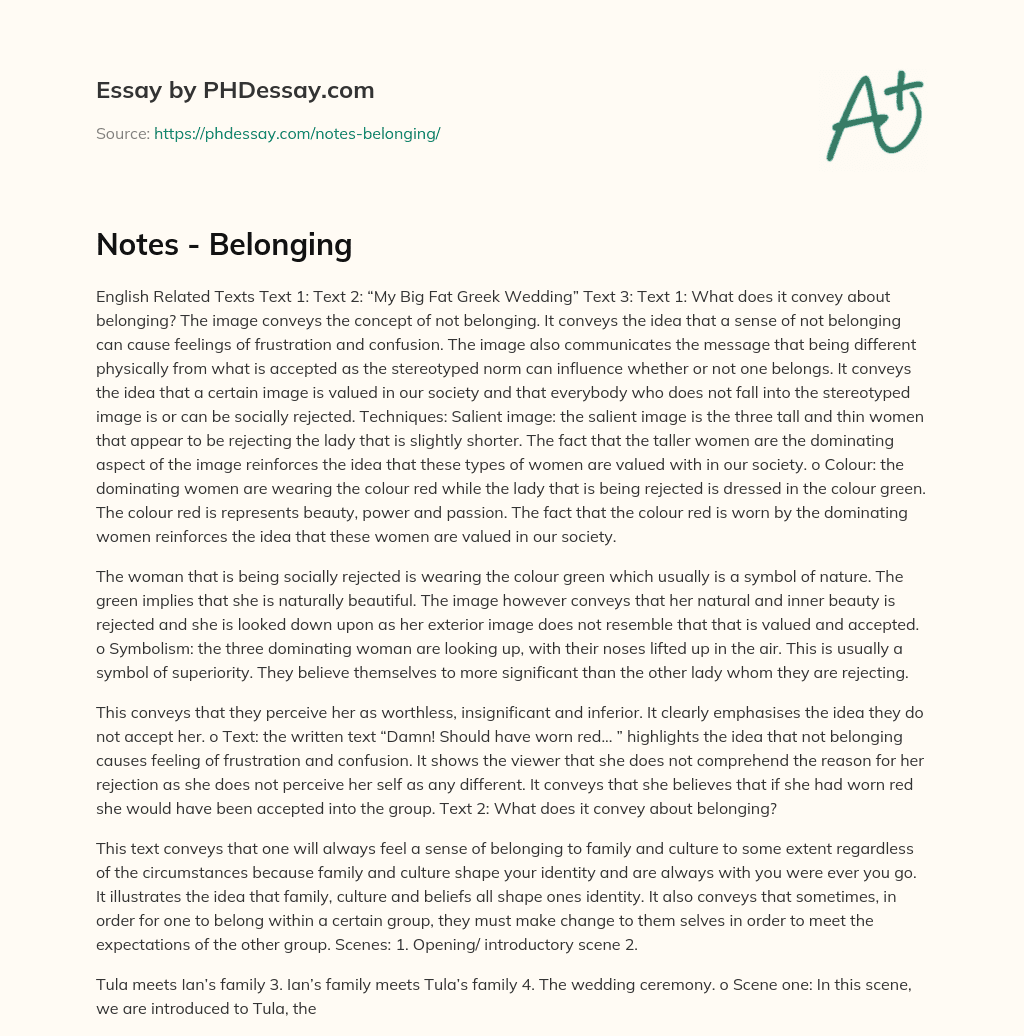 Notes – Belonging essay