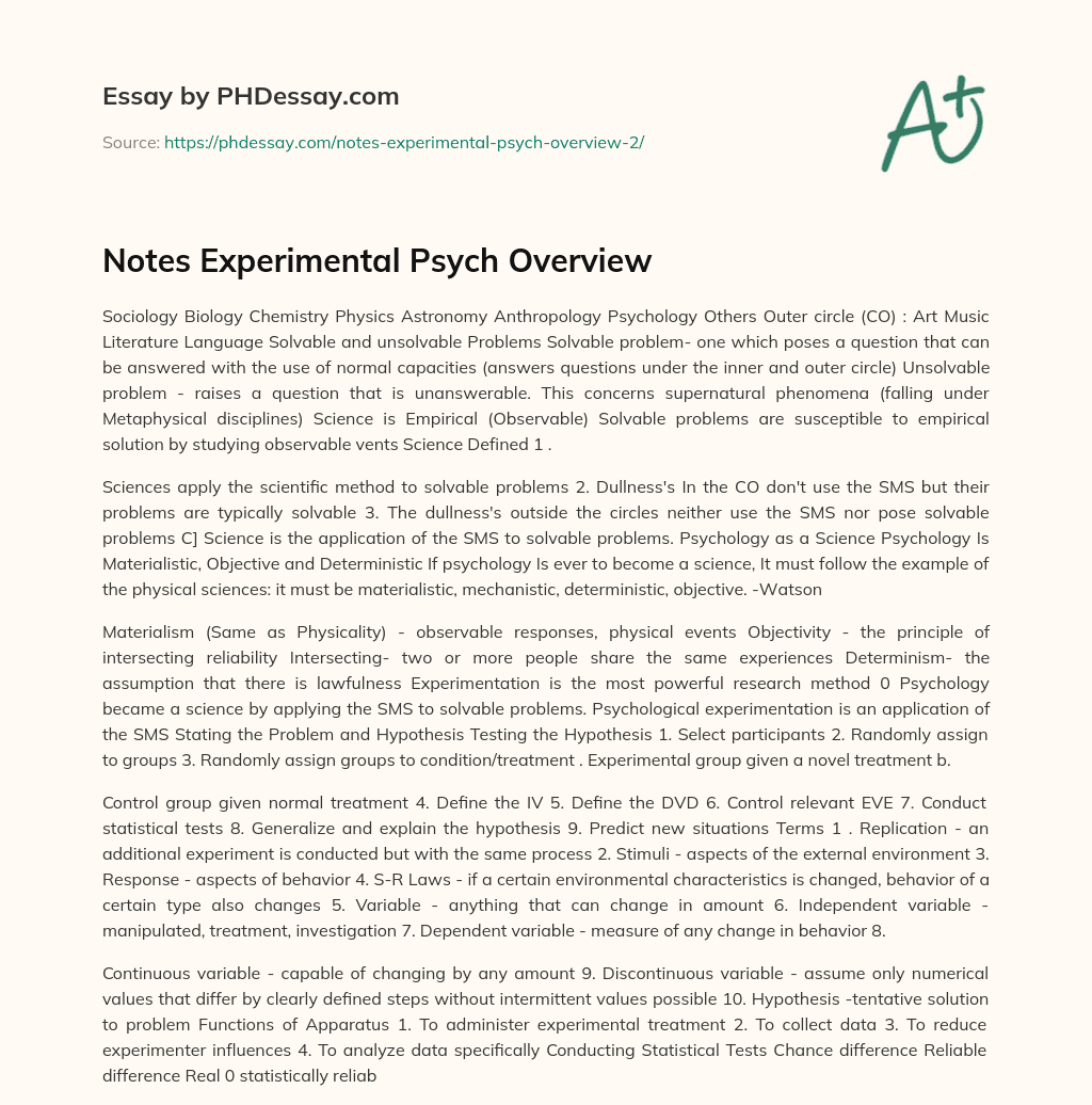 Notes Experimental Psych Overview essay